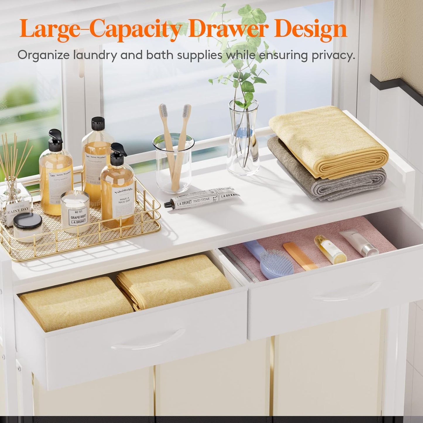 Lifewit Laundry Hamper 3 Section, Large Rolling Laundry Sorter with Shelf & 2 Drawers, Pull-Out Laundry Basket Organizer with Wheels and Removable Bag, White and Beige