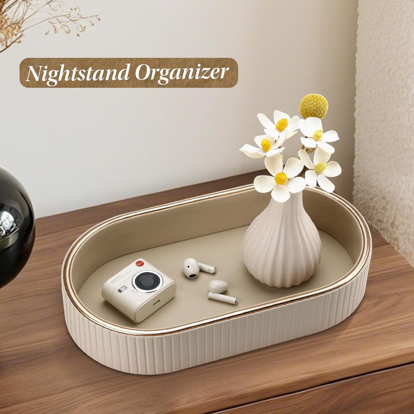 GORESE PU Leather Perfume Tray Nightstand Organizer, Small Oval Desk Tray Jewelry Trinket Trays Valet Organizer Key Bowl for Entryway Dresser Bathroom, Catchall Trays for Men Women, 11×5.9 in, Beige
