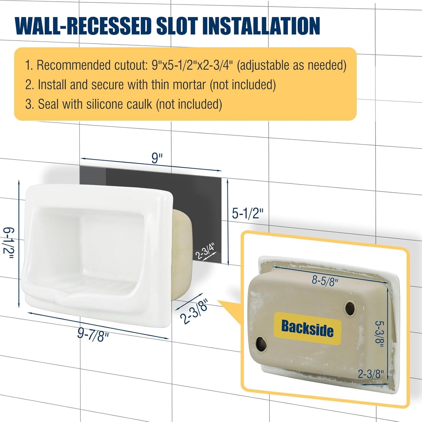 Classic Recessed Ceramic Soap Dish for Shower Wall, Heavy-Duty, Space-Saving, Self-Draining Built-in Soap Holder for Bathroom & Laundry, Perfect for Replacing Old Soap Dishes or New Installations