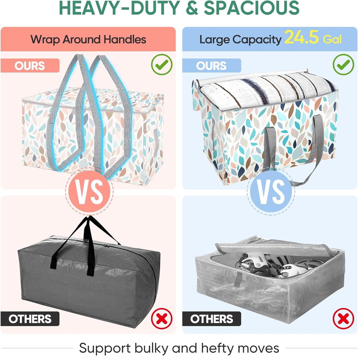 BALEINE 6-Pack Oversized Moving Bags with Reinforced Handles, Heavy-Duty Storage Tote for Clothes, Moving Supplies (Mosaic, 6-Pack)