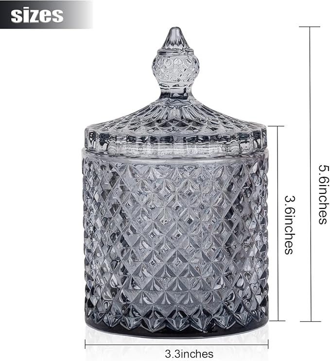 rejomiik 2 Pack Qtip Holder Thick Glass Apothecary Jars with Lid for Bathroom Decor Storage Organizer for Cotton Swabs, Balls, Pads, Floss Picks, Candy, Jewelry, Grey