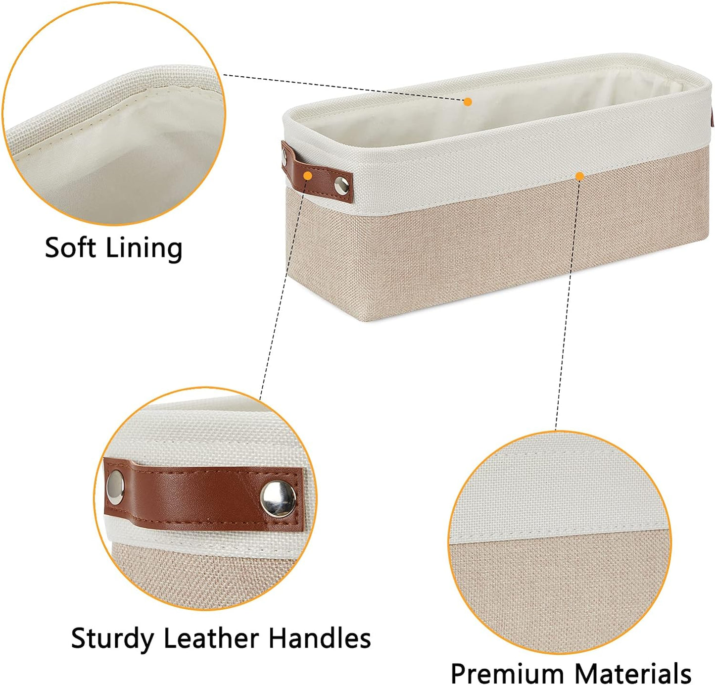 DULLEMELO 2-Pack Bathroom Baskets for Toilet, Small Storage Bins for Organizing Closets, Cabinets, Shelves, Canvas Fabric Storage Basket Bins With Leather Handles for Empty Gift Basket (White&Khaki)