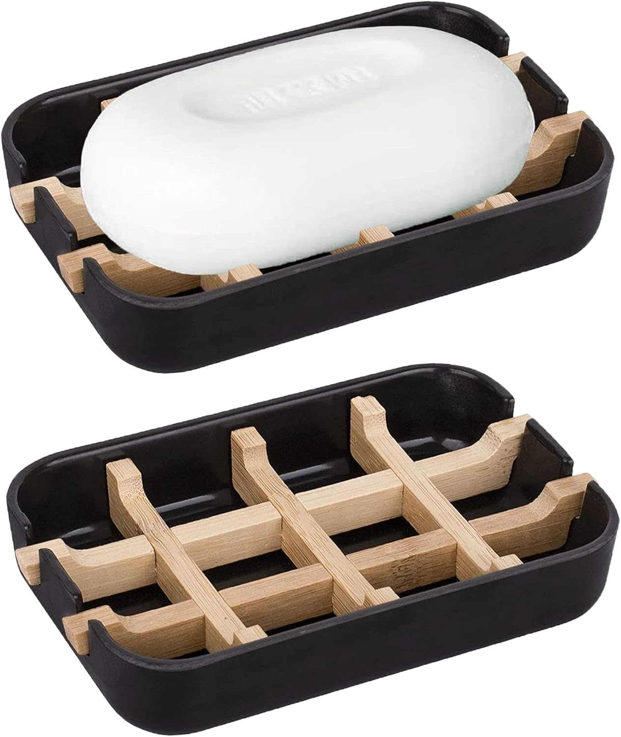 Aoheuo Modern Bamboo Fiber soap Holder and soap Dish Combination (Removable),5.12 Long by 3 Wide, 0.98 inches high, Used in Kitchens, bathrooms, and bar Sinks (Black(2 Pack))