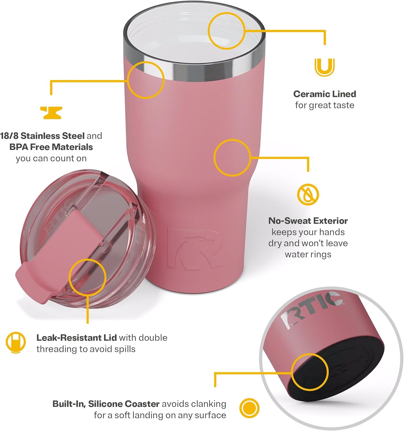 RTIC 20oz Essential Tumbler with Lid, Ceramic Lined, Insulated, Stainless Steel, Metal, Double Wall Vacuum-Insulation, Travel Cup for Iced Coffee, Tea, Hot and Cold Drink, Dusty Rose