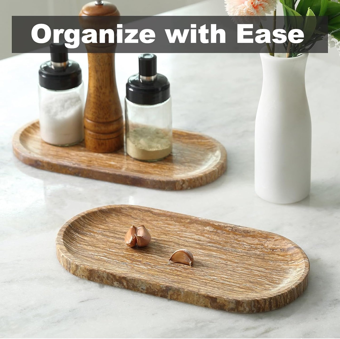 Koville Turkish Natural Marble Tray, 12"x6" Vanity Decorative Tray for Countertop Organizer, Catchall Tray for Perfume, Candles, Jewelry Dish