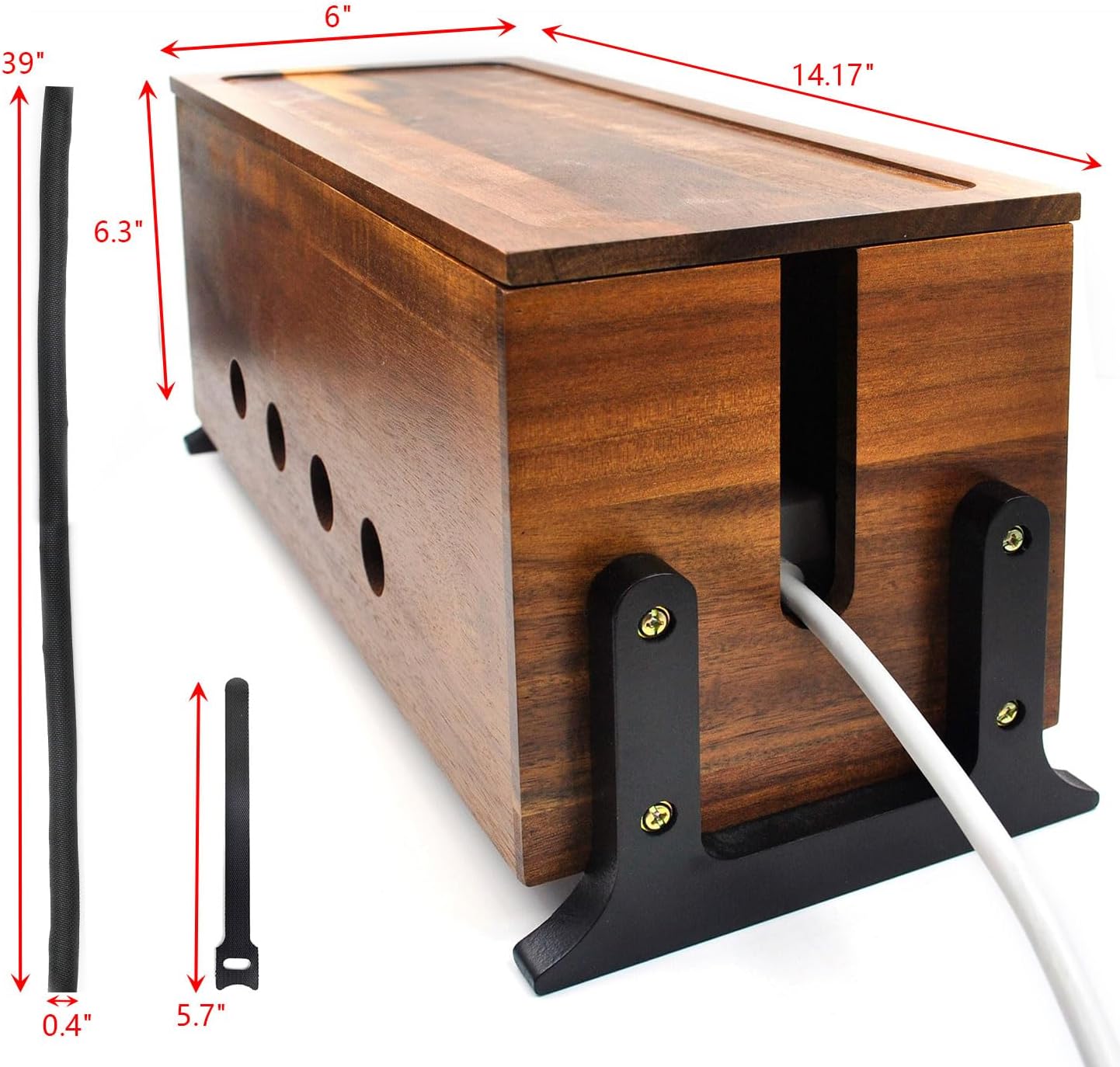 Large Cable Management Box, Wood Cord Hider Box & Organizer for Power Strip Hider Cable Storage for Office, TV Wires, Desk Cord Organizer, 14.1" x 6" x 6.3", Vintage Walnut