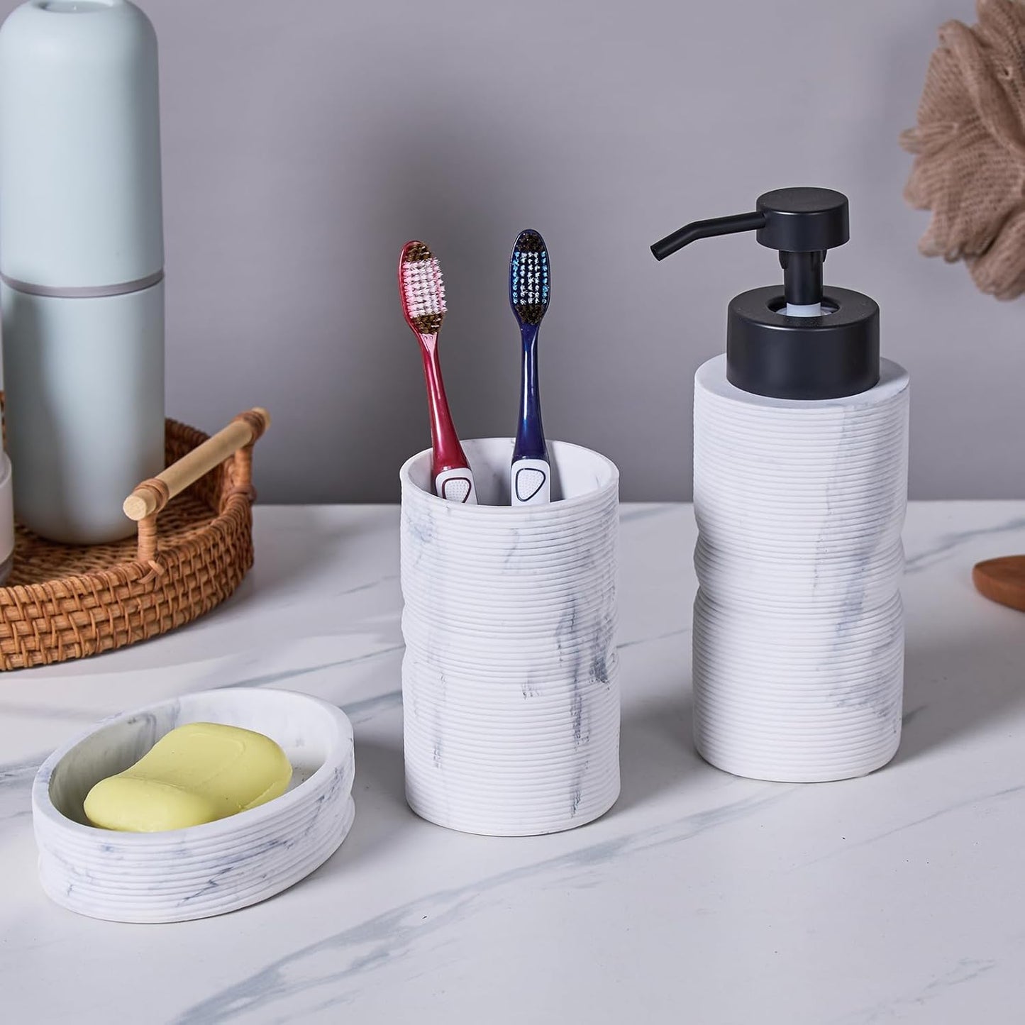 White Marble Ribbed Textures Bathroom Accessories Set 3 Pcs for Countertop - Toothbrush Holder Cup, Foaming Soap Dispenser, Soap Dish - Modern Bathroom Décor Accessory Set for Housewarming Gift