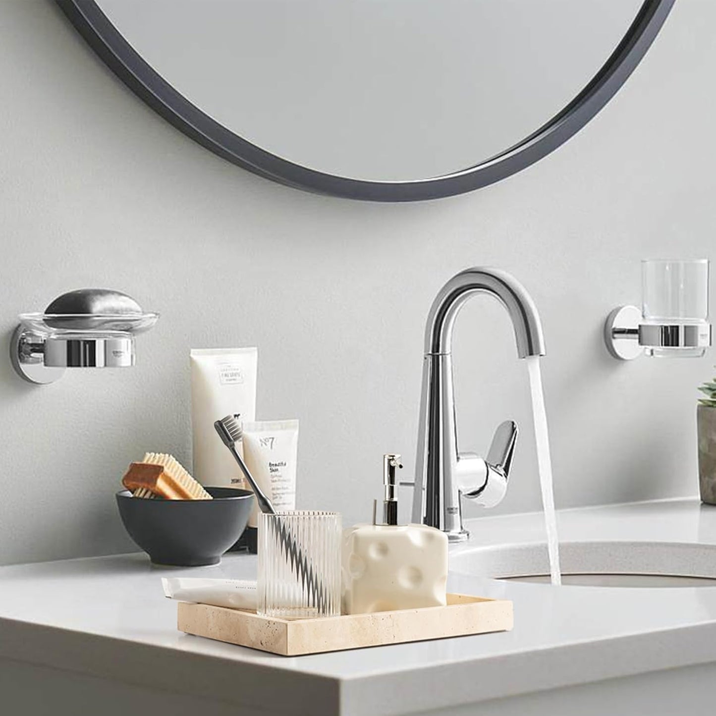 WORHE Italy Travertine Stone Vanity Tray for Jewelry, Perfume, Makeup, Candle,Natural Marble Decorative Trays for Bathroom Dresser Rectangle Kitchen Storage Organizer for Home Decor Beige (WH020)