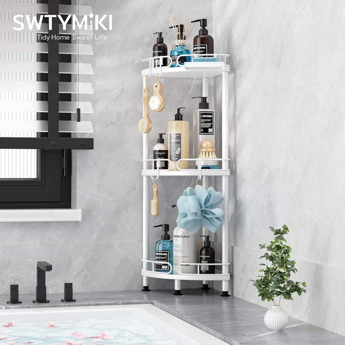 SWTYMIKI Corner Shower Caddy Standing - 3 Tier Stainless Steel Shower Organizer Stand with 4 Hooks & Soap Holder, Rustproof Metal Standing Tall Floor Shower Shelf and Bathroom Organizer, White