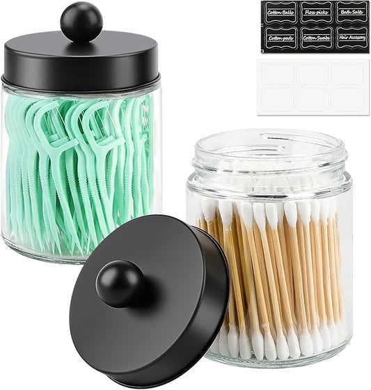 2 Pack Glass Apothecary Jars with Lids for Bathroom, Cute Qtip Holder, Black Bathroom Accessories Set, Small Bathroom Canisters with Lids for Q-Tips, Cotton Swabs, Black Bathhouses Decor