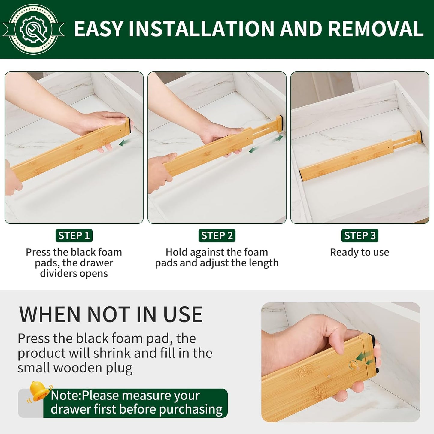 6 Pack Bamboo Drawer Dividers 2.6" High,17-22" Adjustable Spring Loaded Clothes Drawer Organizers for Kitchen, Dresser, Bathroom, Bedroom and Office