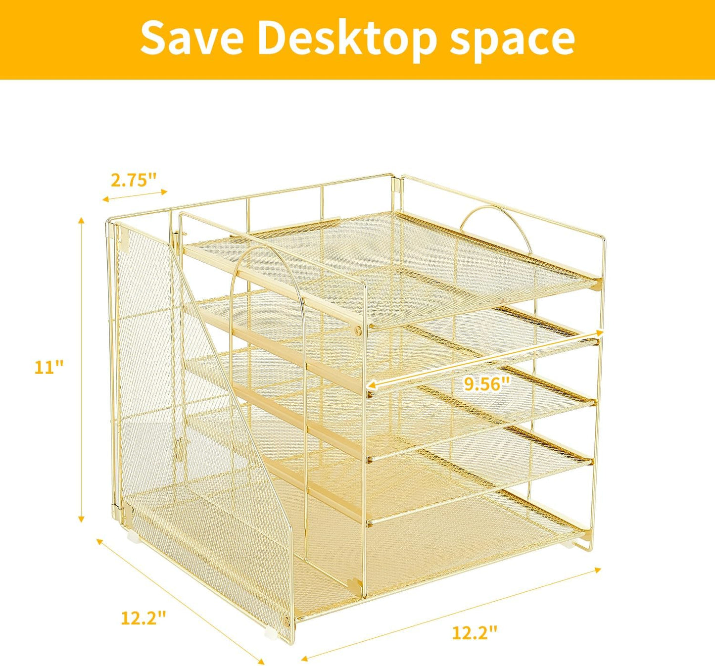 Desk Organizers and Accessories, 5-Tier Paper Letter Tray Organizer with File Holder, Desktop Organizer for Office Supplies (Gold)