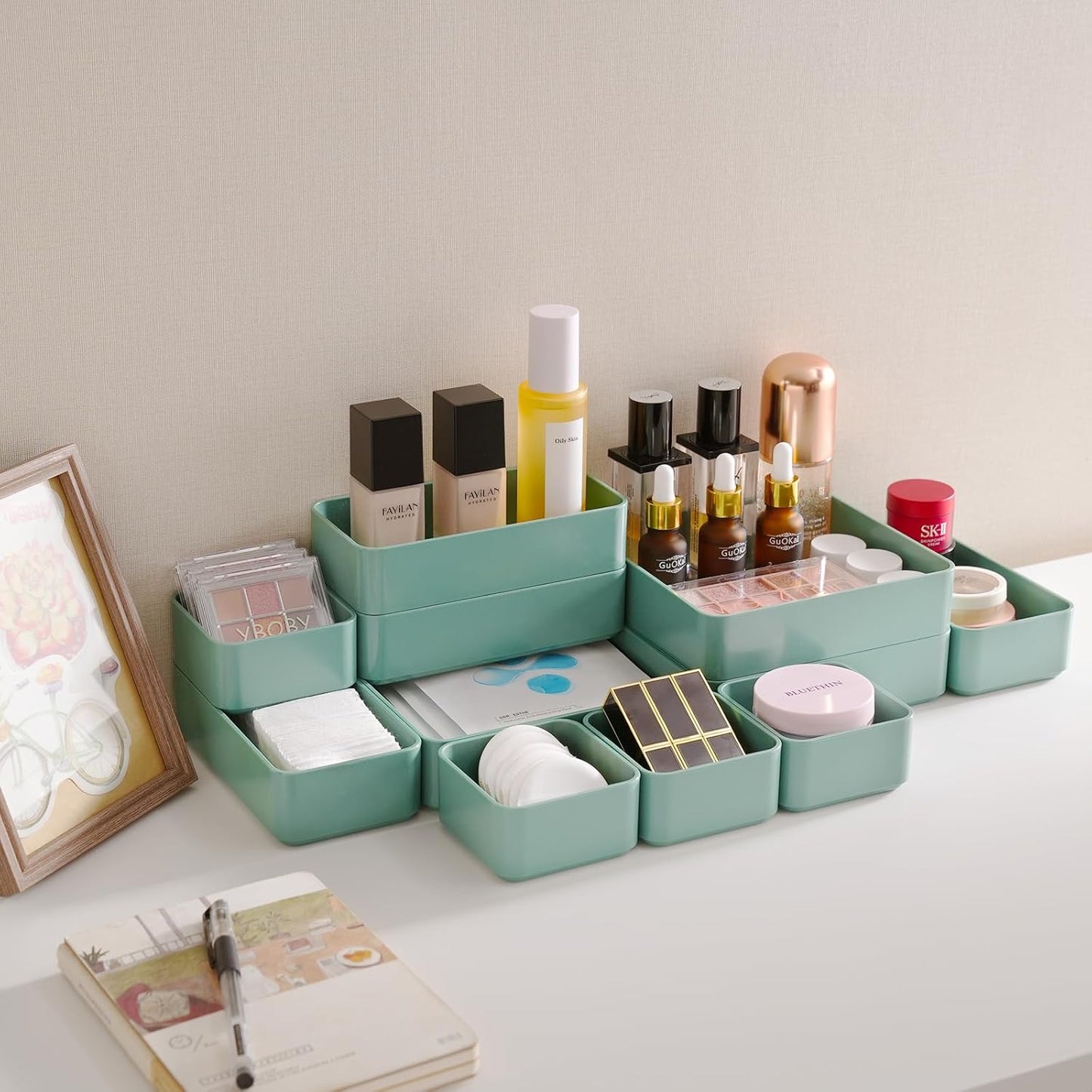 CHANCETSUI 11-Piece Stackable Drawer Organizer Set, Multi-size Desk Drawer Organizer Trays Vanity Storage Bins for Storing Makeup, Stationery, Utensils in Bathroom Dresser, Office and Kitchen