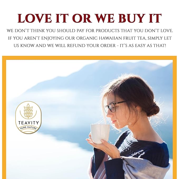 Organic Hibiscus Teapods with Peach, Mango, & Passionfruit - Naturally Decaffeinated Hawaiian Fruit Tea by Teavity (12 Tea Pods)