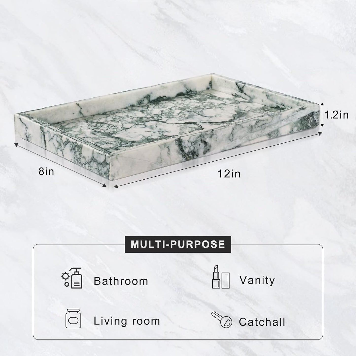 Marble Bathroom Tray for Countertop & Home Decor, Natural Decorative Marble Tray for Jewelry & Perfume Organizer, Luxury Stone Vanity Trays for Dresser, Kitchen Counter, 12" x 8", Jade Green