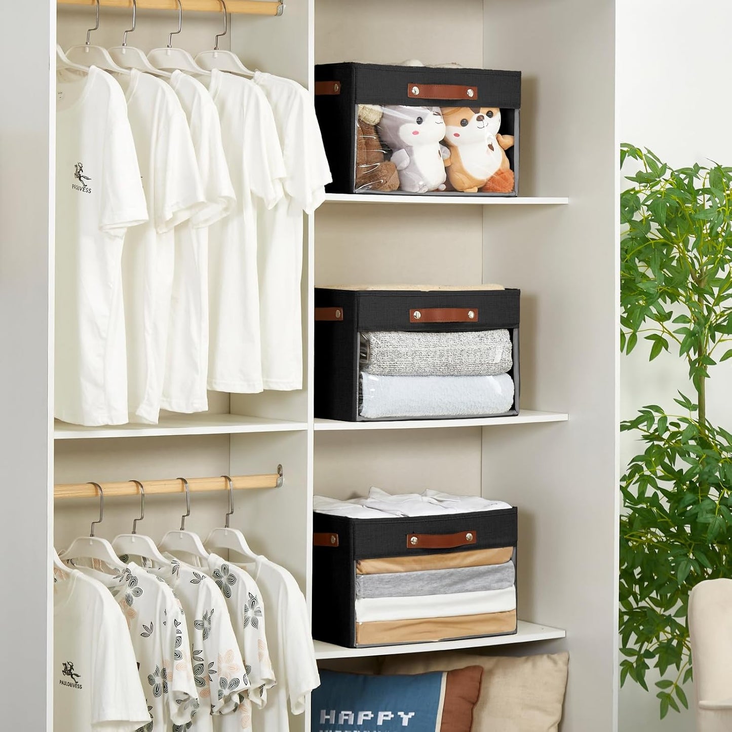 Large Storage Baskets with Clear Window, See Through Closet Organizer with PU Handles, Linen Foldable Storage Bins for Organizing Clothes, Toys, Books (Black)