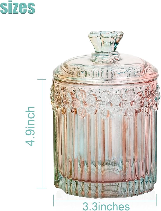 rejomiik 2 Pack Qtip Holder Glass Apothecary Jars with Lids Set Bathroom Canisters Dispenser Organizers and Storage for Cotton Swabs, Balls, Pads, Floss Picks, Candy, Rainbow