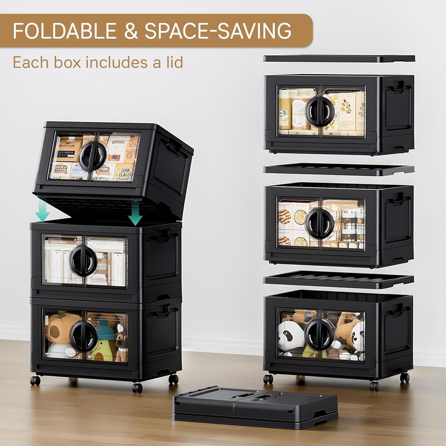 JEKO&JEKO 581Qt Lockable Stackable Storage Bins with Lids, Collapsible Closet Organizer with Wheels, Plastic Cabinet Drawer for Clothes, Dorm Room 7 Pack (Black)