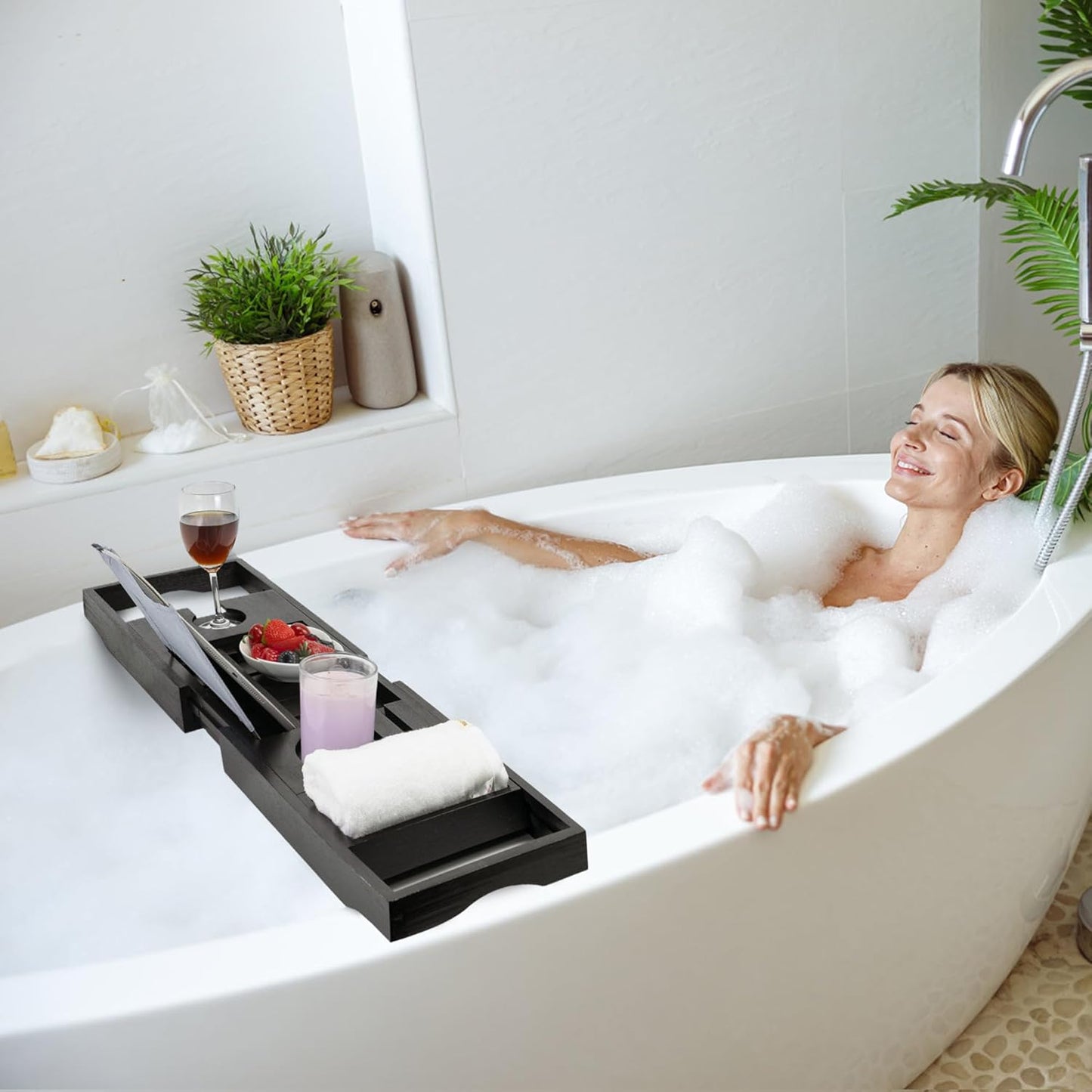 Utoplike Bamboo Bathtub Tray Caddy, Black Bath Tray Table for Tub, Adjustable Bathroom Organizer with Book Tablet Wine Glass Cup Towel Holder