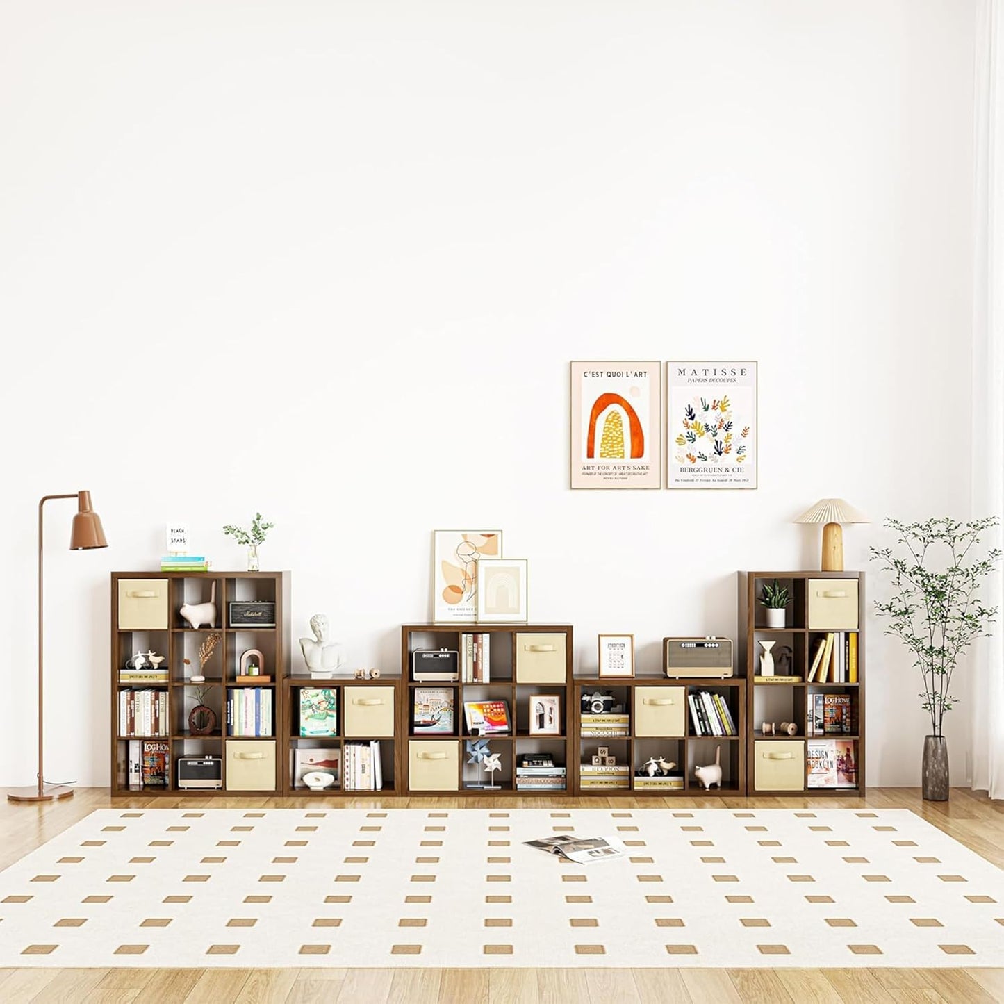 Bookshelf with Storage Bins, 16-Cube Storage Organizer Sturdy Wooden Cube Bookcase Horizontal Bookshelf with Storage, Furniture for Living Room Bedroom Office, Classic Oak