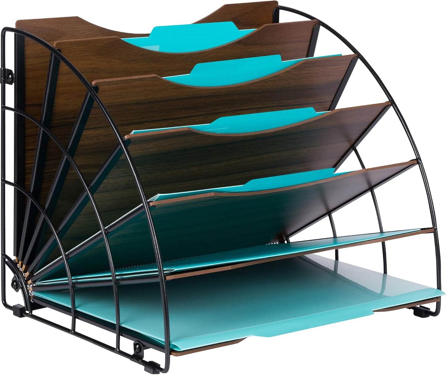 Dasher Products Fan-Shaped Office Desk Organizer, 6 Compartments with Wood-Patterned Shelves for Storing Paper, Bills, Letters, and Office Supplies. Multi-Functional Desk Organizers and Accessories