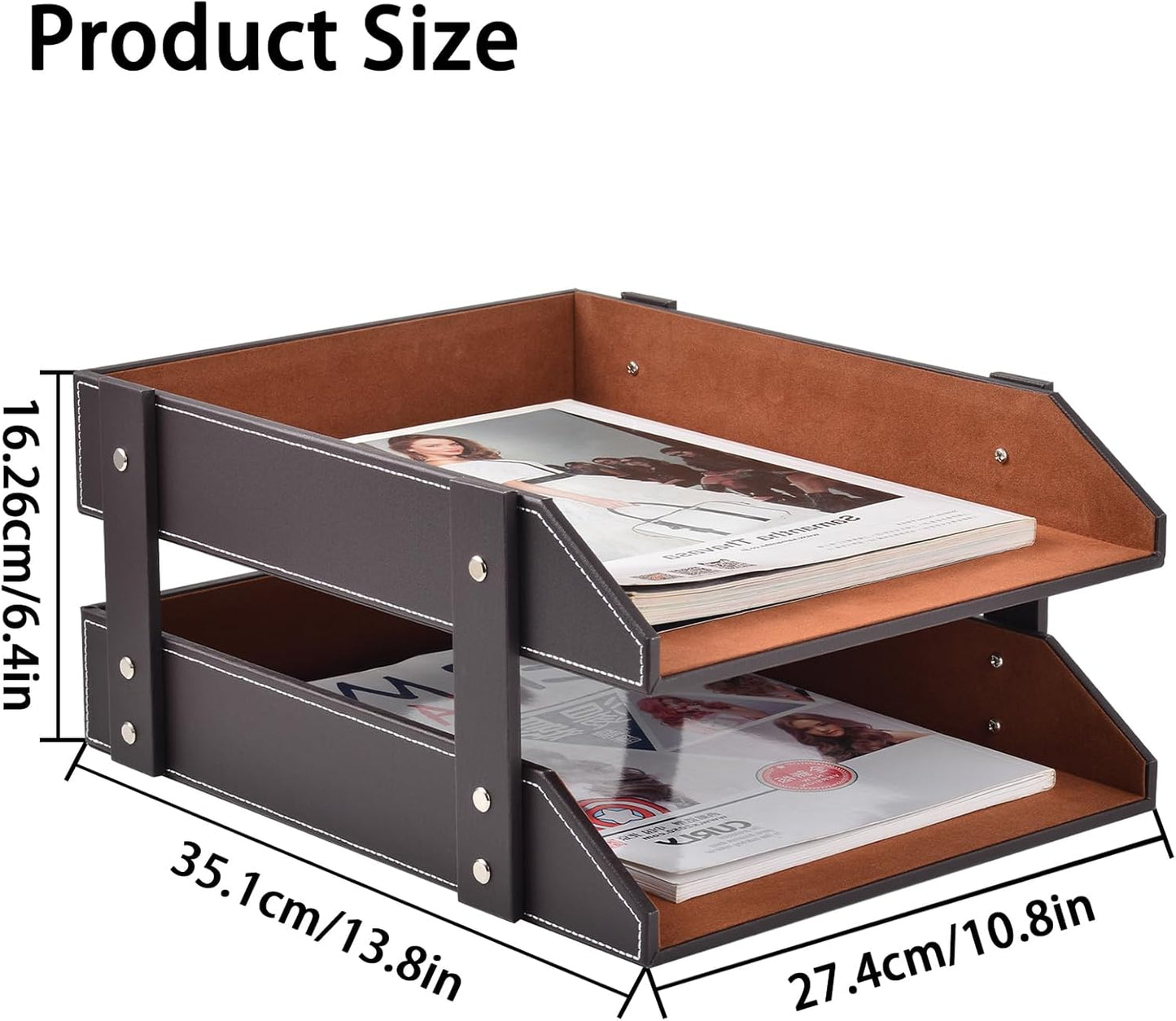 Leather Desk Organizer,2-Tier Stackable Letter Tray Holder,Office Supplies Desktop Storage Box for Document,Stationery,Magazines,Newspapers,Letters and Other Home Office Paper Sundries,Coffee