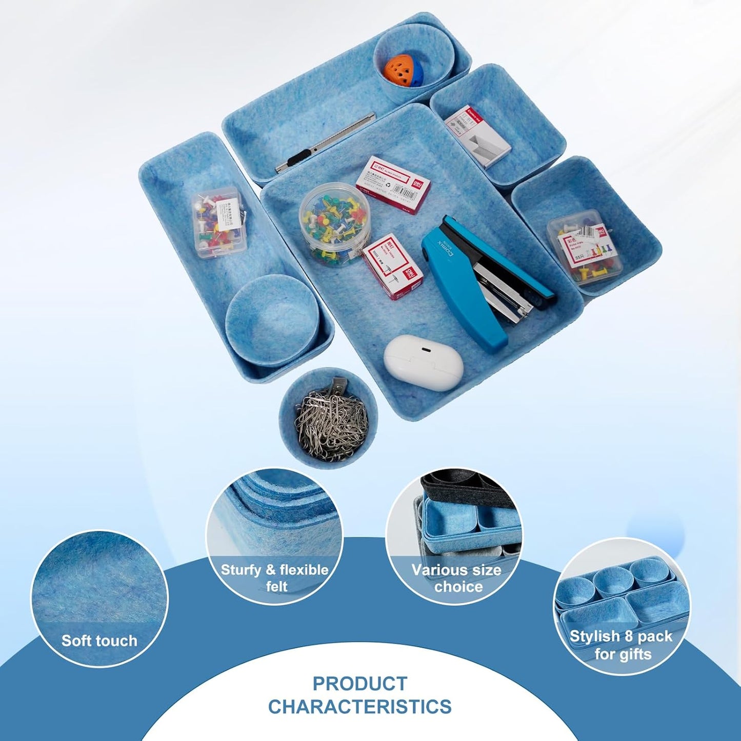 Felt Desk Drawer Organizer Tray,8 Pack Office Desk Drawer Dividers,Felt Drawer Small Round Storage Box For Saving Space,Makeup Drawer Organizer Bins.(Blue)