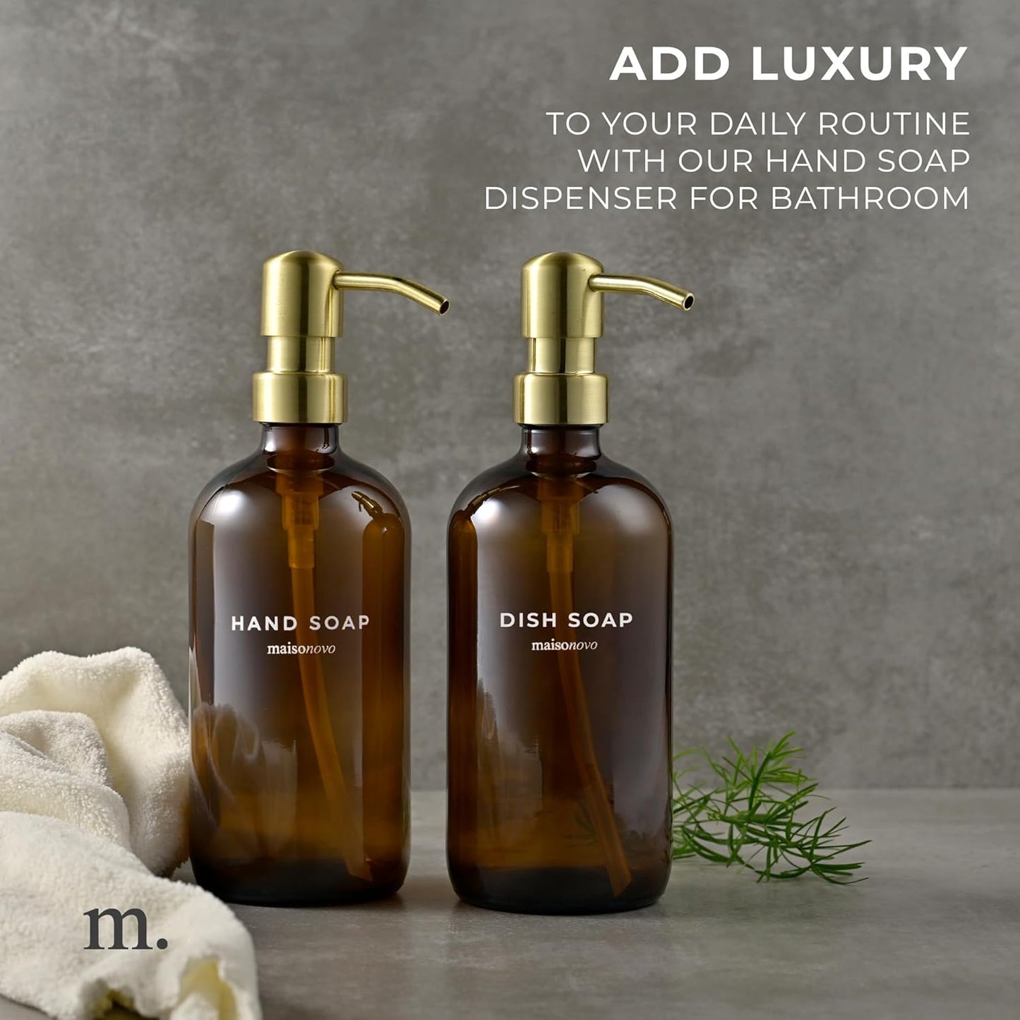 MaisoNovo Soap Dispenser 2-Piece Set | 16.9oz Amber Bottles with Gold Stainless Steel Pumps