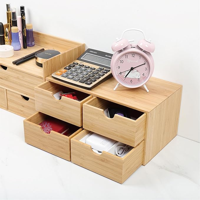 Bamboo Desk Organizer with 4 Drawers – Countertop Storage Box for Makeup, Office Supplies, and Home Essentials – Stylish Tabletop Organizer for Workspace or Bathroom