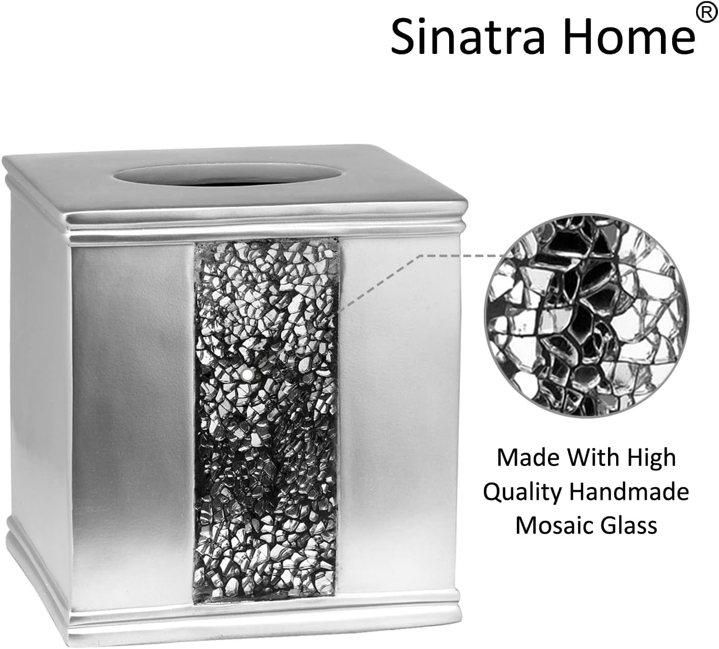 Zahari Home 2pc Sinatra Silver Modern Bath Accessories Set Waste Basket & Tissue Box Modern Classic Contemporary Decorative Beautiful Designs Bathroom Decor Set for Home Mosaic Glass