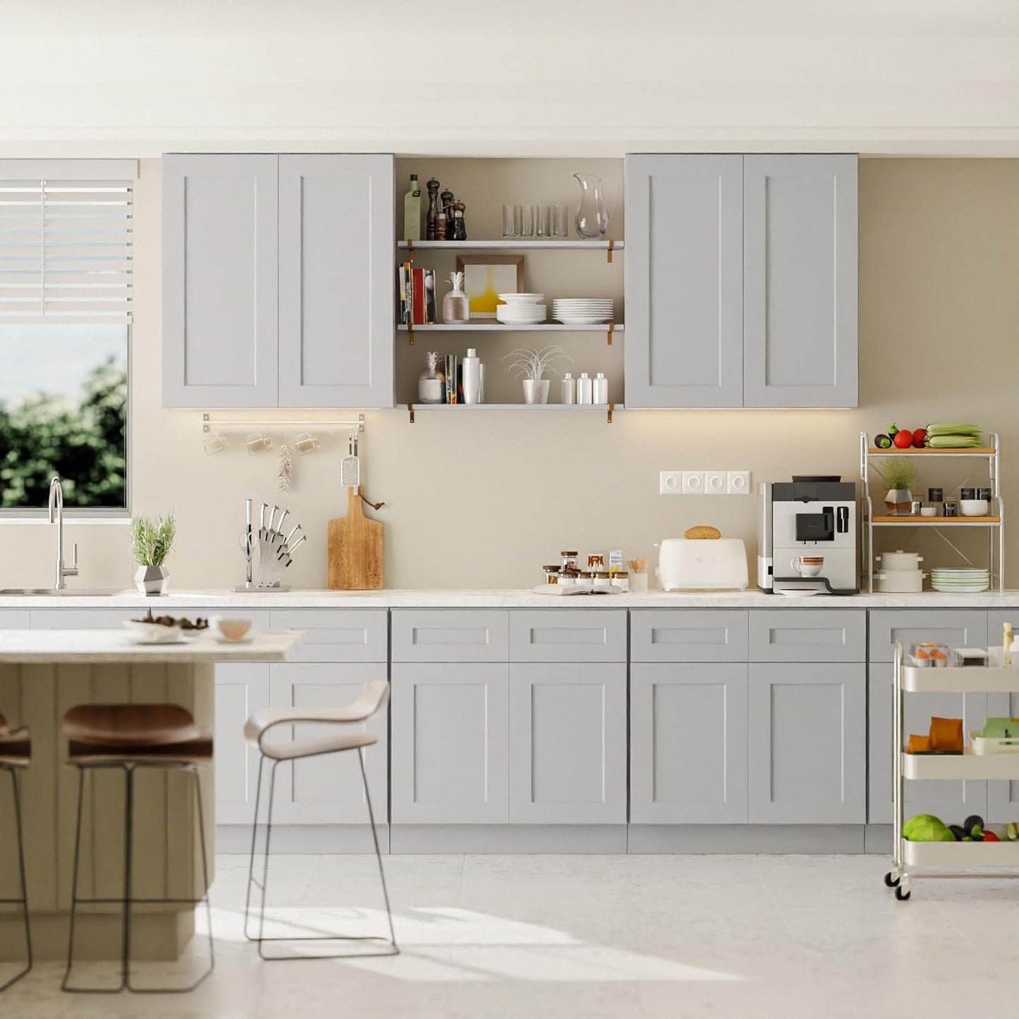 33 Inch Laundry Room Cabinets Wall Mounted, Solid Wood Over The Toilet Storage Cabinet, Bathroom Organizer Cabinets with 2 Door & Shelves, Easy to Assemble for Kitchen, Garage - Light Gray