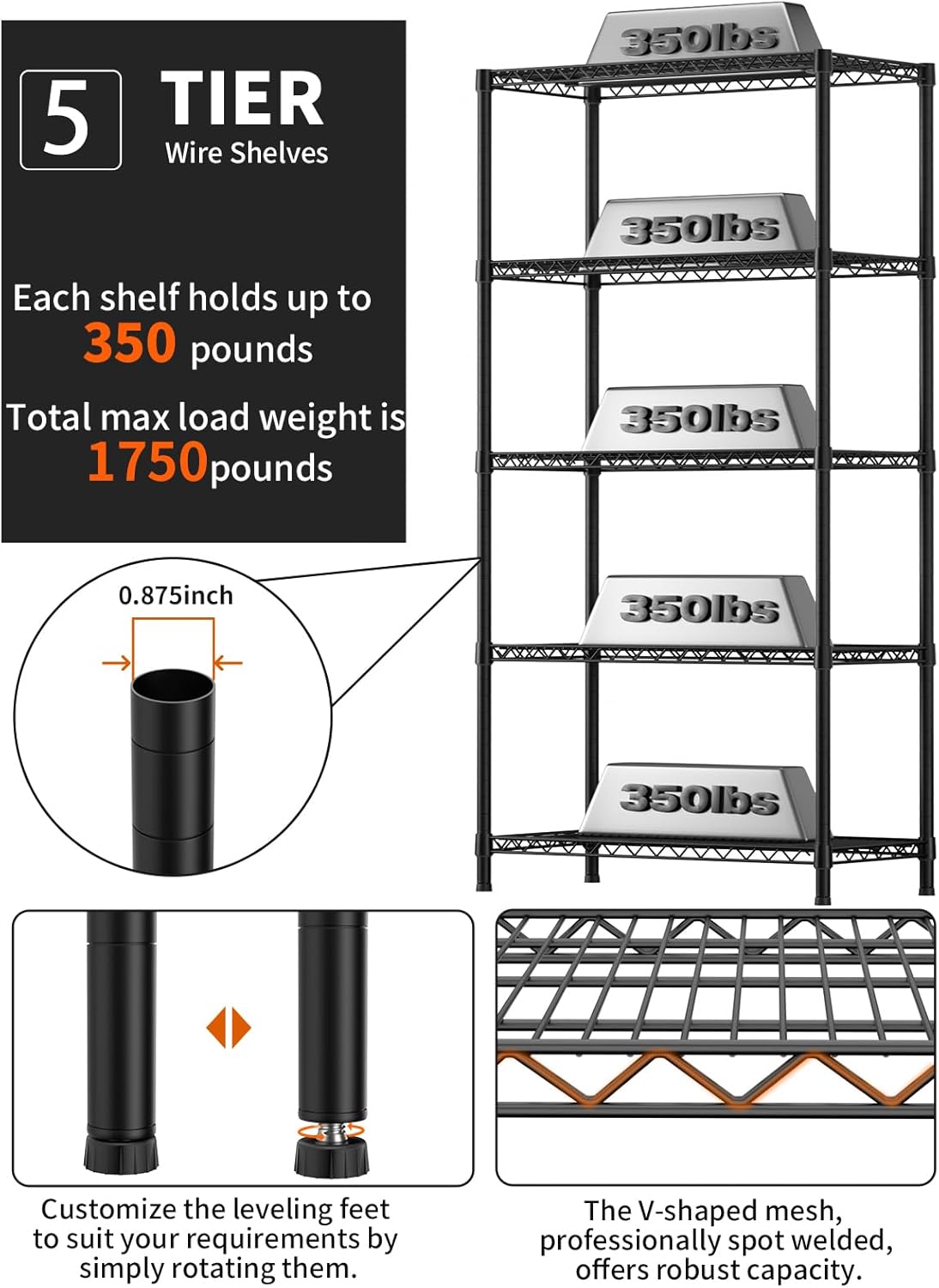 5 Tier Heavy Duty Adjustable Storage Shelf Organizer Storage Metal Shelves Garage Wire Shelving Unit Pantry Rack 18" D x 36" W x 71.25" H,Black