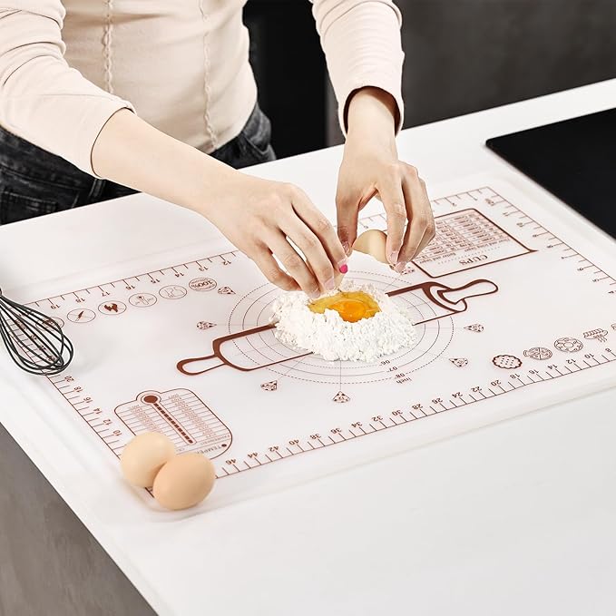 Silicone Baking Mat, Extra Thick Dough Rolling Pad with Measurements and Edge Heightening, Non-stick Food Grade Silicone Pastry Mat for Pastry, Bread, Cookies (Transparent, 16"L x 24"W)