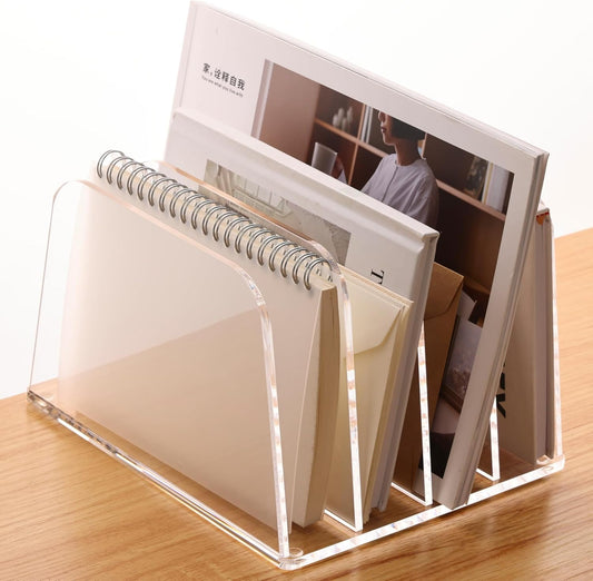 YUXUN Desk File Organizer Upright Clear Acrylic Desktop Organizer File Sorter Office Organization File Holder 4-Section Bookshelf for Home, Office & Classroom