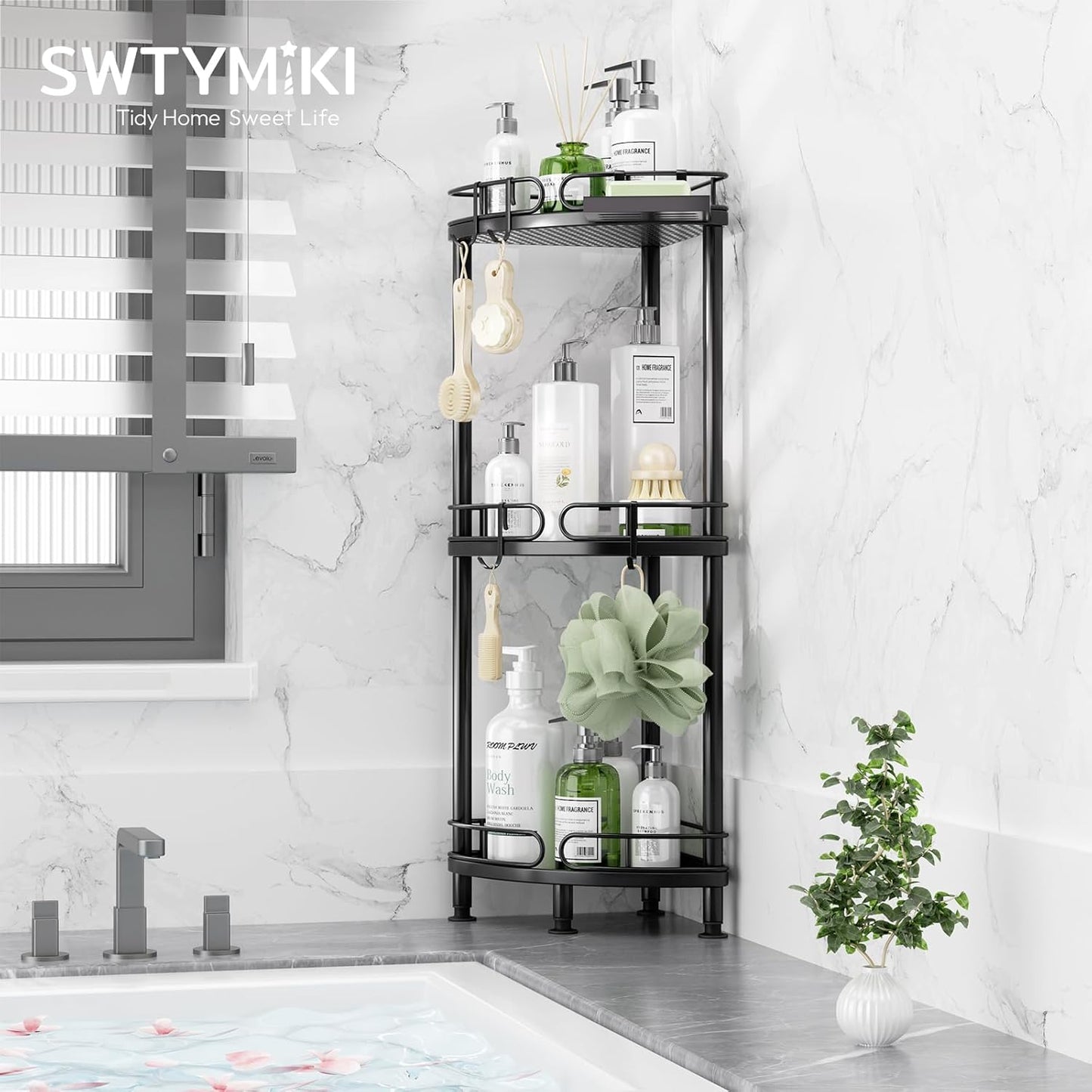 SWTYMIKI Corner Shower Caddy Standing - 3 Tier Rustproof Metal Shower Organizer Stand with Soap Holder and 4 Hooks, Freestanding Floor Shower Storage Stands for Bathroom, Black