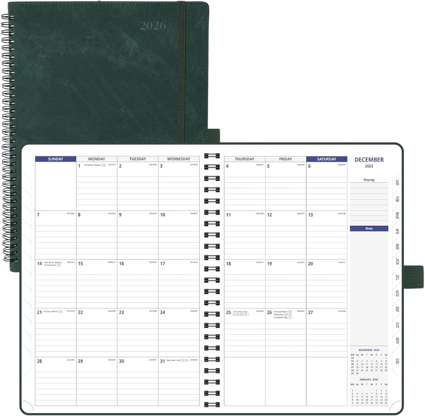 POPRUN 2026-2027 Monthly Planner A4 Size, 16 Months Calendar (Dec 2025-Mar 2027), 2 Pages per Month with Dotted & Lined Note, Monthly Tabs, Spiral Softcover, 2 Inner Pockets - Blue Green