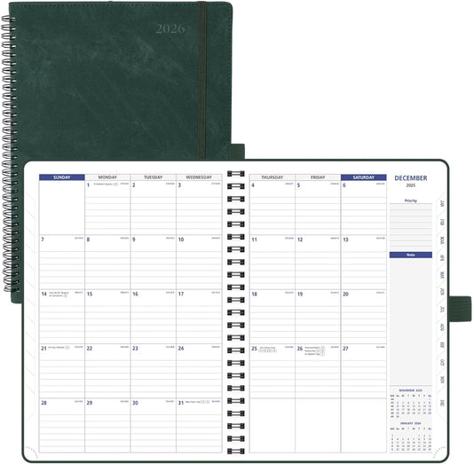 POPRUN 2026-2027 Monthly Planner A4 Size, 16 Months Calendar (Dec 2025-Mar 2027), 2 Pages per Month with Dotted & Lined Note, Monthly Tabs, Spiral Softcover, 2 Inner Pockets - Blue Green