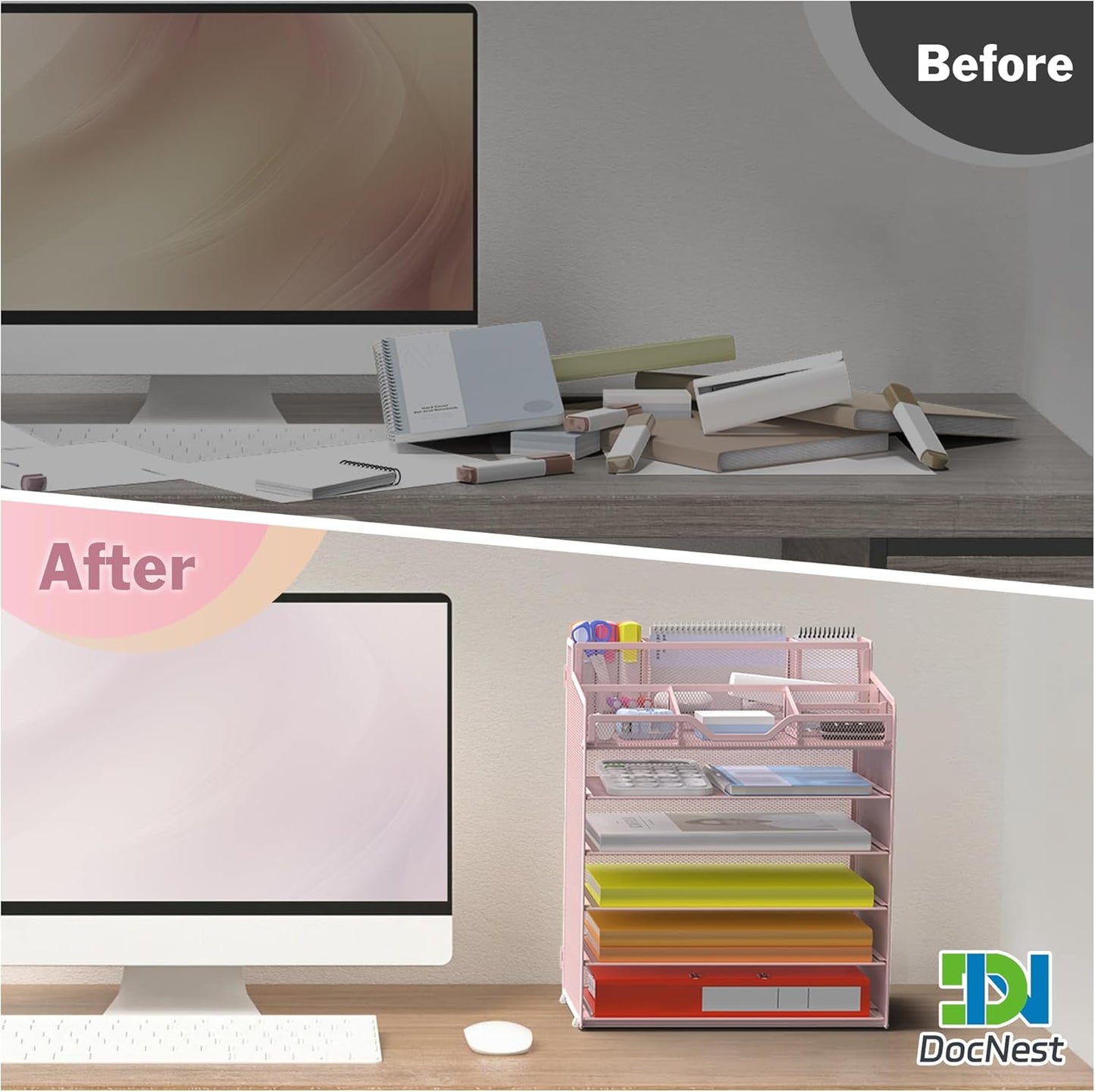 Docnest 6 Tier Mesh Desk Organizer for Paper Office Supplies – Multi-Functional Letter Tray with 5 Adjustable Compartments, 3 Pen Holders, Desktop Storage for Files, Mail, Stationery – Pink