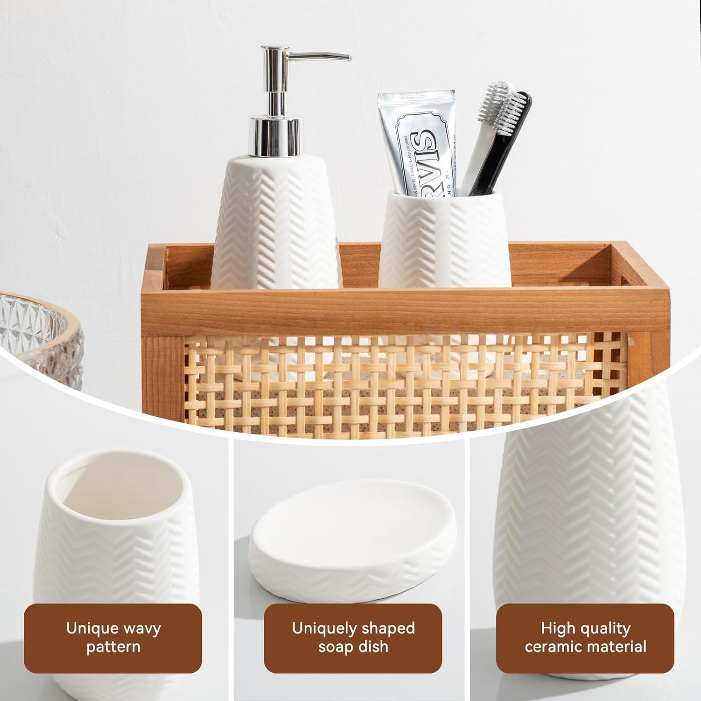 White Bathroom Accessories Set, 3pcs Ceramic Wave Design Farmhouse Decor, Complete countertop Bathroom Decor with soap Dispenser，Toothbrush Holder and soap Dish for Stylish Bathroom Organization