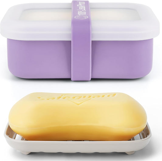 Compact Leakproof Travel Soap Case with Lid & Silicone Strap - Portable Draining Soap Bar Holder for Gym, Bathroom, Camping - Lightweight Silicone Soap Dish Container (Purple)