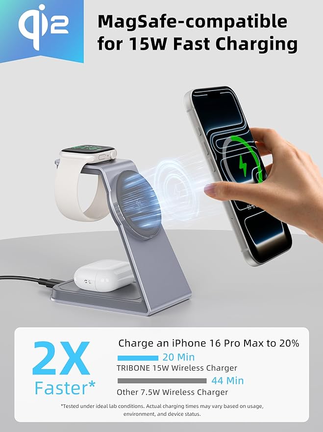 2025 3 in 1 Magnetic Wireless Charger Stand for Apple Devices, TRIBONE Qi2 Certified 15W Fast Charging Station for iPhone 17/16/15/14/13/12 Series, Apple Watch, Airpods