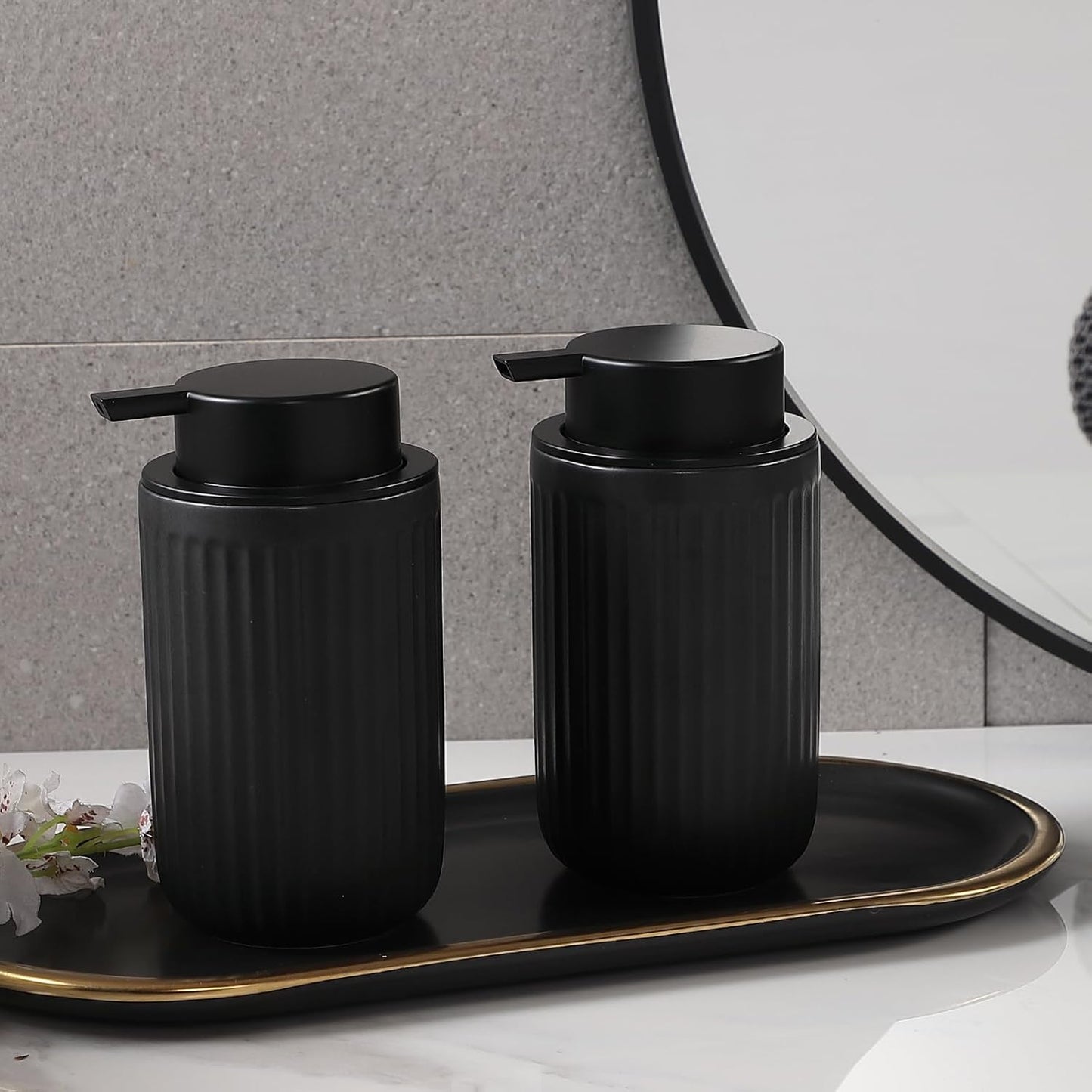 Black Soap Dispenser Set- Modern Ceramic Hand Dish Soap Dispenser for Bathroom Refillable Liquid Hand Soap Dispenser with Soap Pump for Lotion Soap for Farmhouse Kitchen Decor Dish 2 Pack