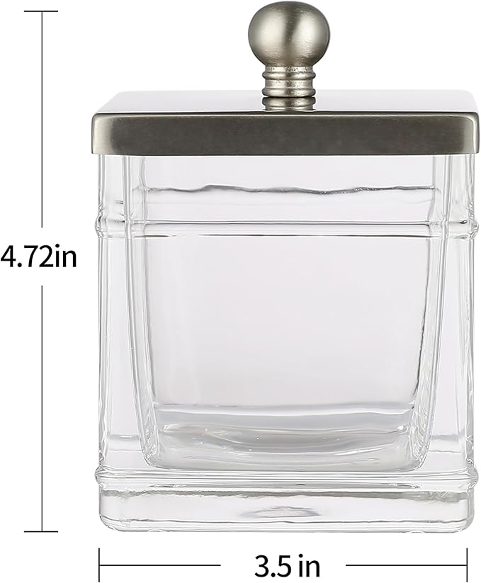 Glass Cotton Jar Holder 2 Pack– Satin Nickel Lid, Elegant Bathroom Storage Canister for Qtips, Cotton Balls, Floss, Makeup Organizer, Vanity & Bathroom Organization