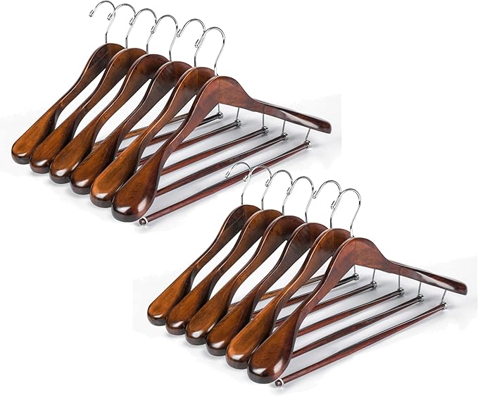 Luxury Wide Shoulder Wooden Hangers 18 Pack, with Locking Bar, Smooth Retro Finish Wood Suit Hanger Coat Hanger for Closet, Holds Upto 20lbs, 360° Swivel Hook, for Jacket, Dress Heavy Clothes Hangers