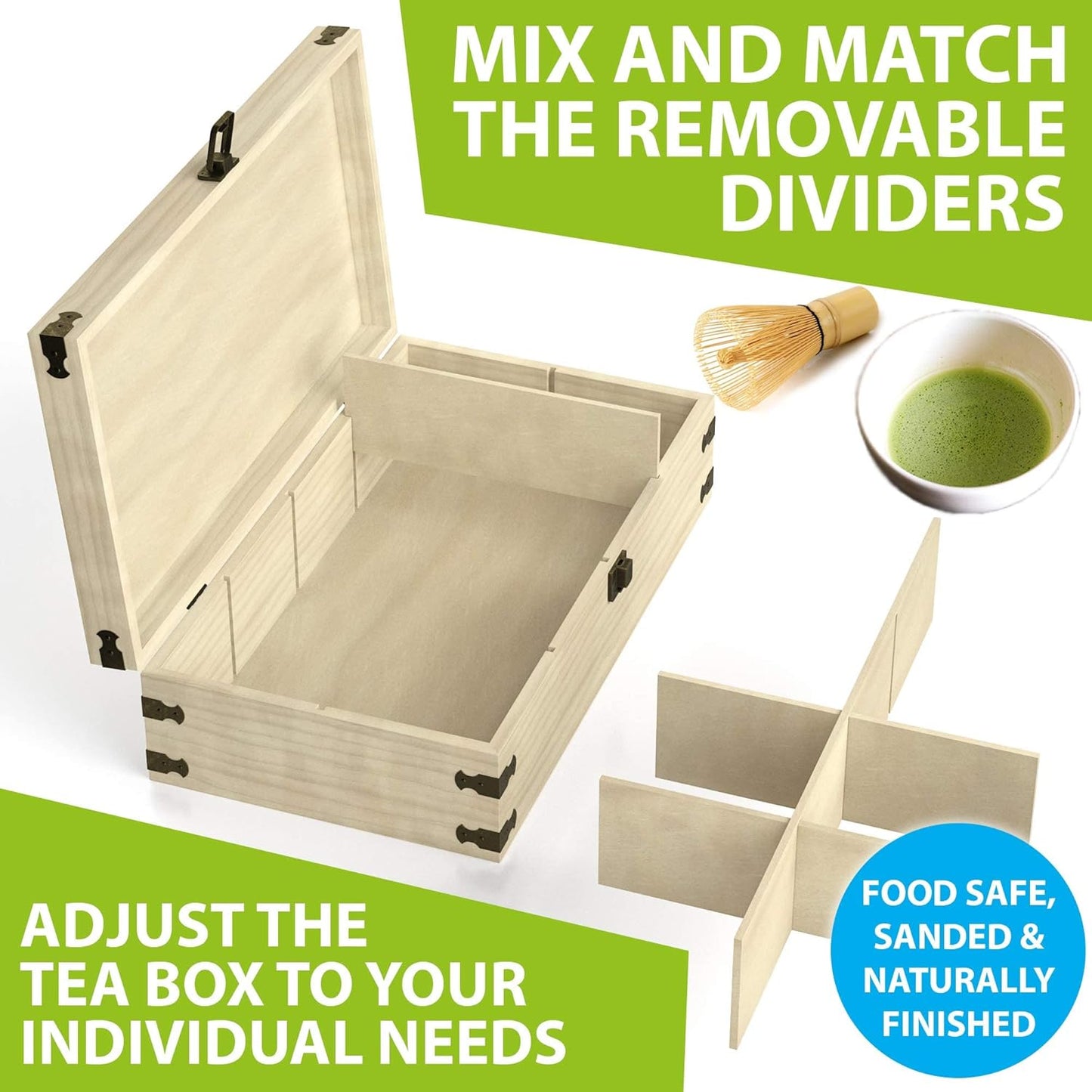 Large Wooden Tea Organizer Box, Big 14" Pine Storage Chest | 8-Slot Tall, Adjustable Shelves | 100% Handmade Craft Eco-Friendly Natural Décor