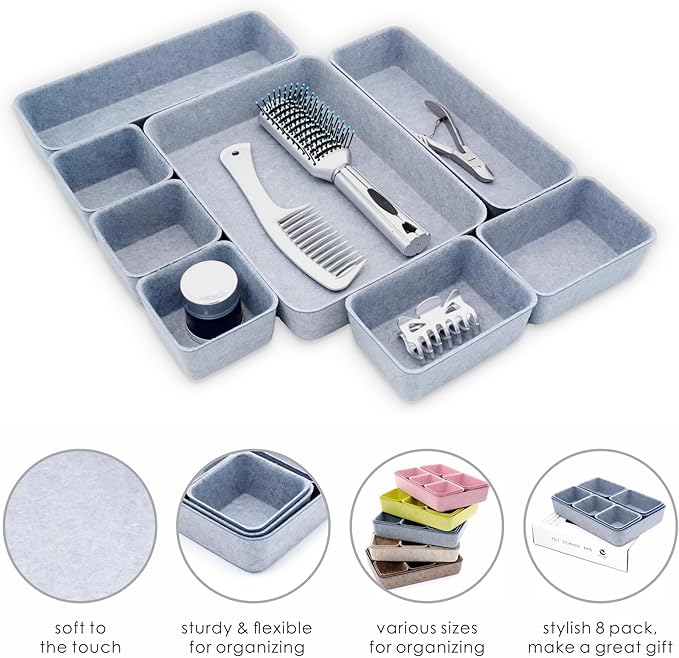 Welaxy Drawer organizers tray Felt storage bins office Desk Draw dividers Sleek Minimalist Lifestyle chic style aesthetics room interior decor 8-piece Gift for men (Glacier gray)
