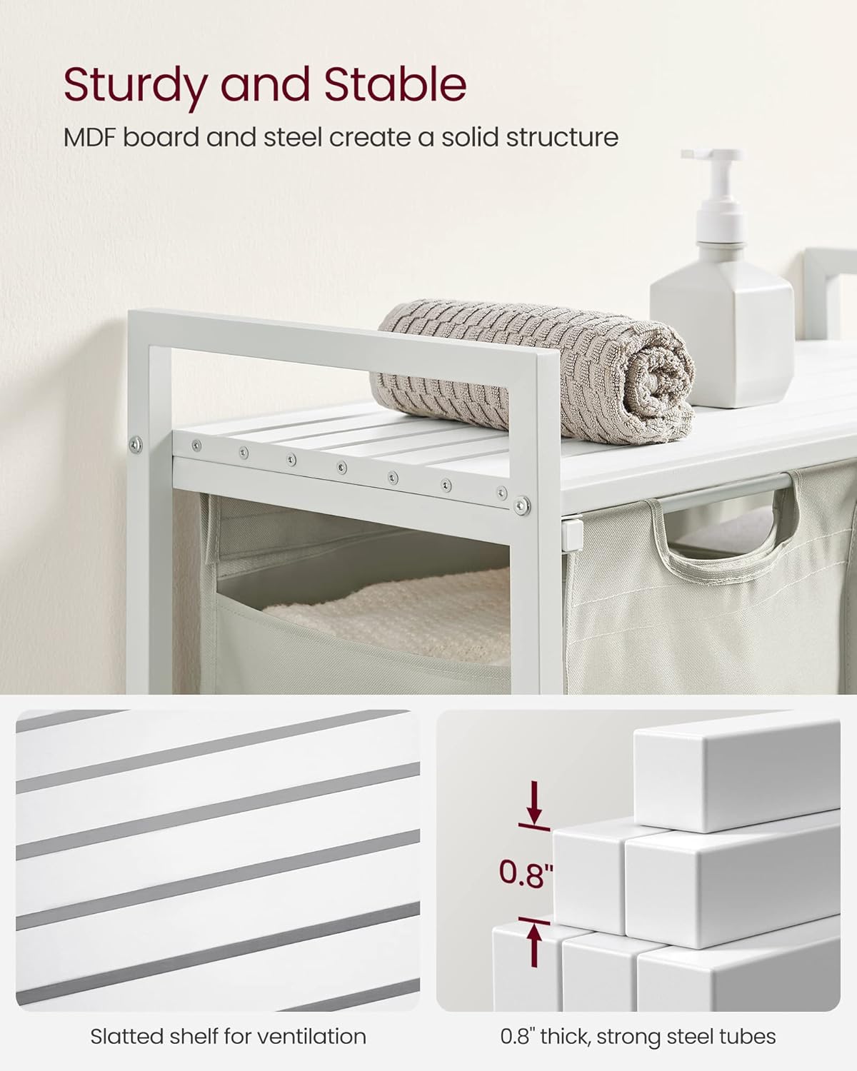 VASAGLE Laundry Hamper, Laundry Basket, Laundry Sorter with 2 Pull-Out and Removable Bags, Shelf, Metal Frame, 2 x 12.1 Gallons (46 L), 28.8 x 13 x 28.4 Inches, Cream White and Cloud White UBLH201W01