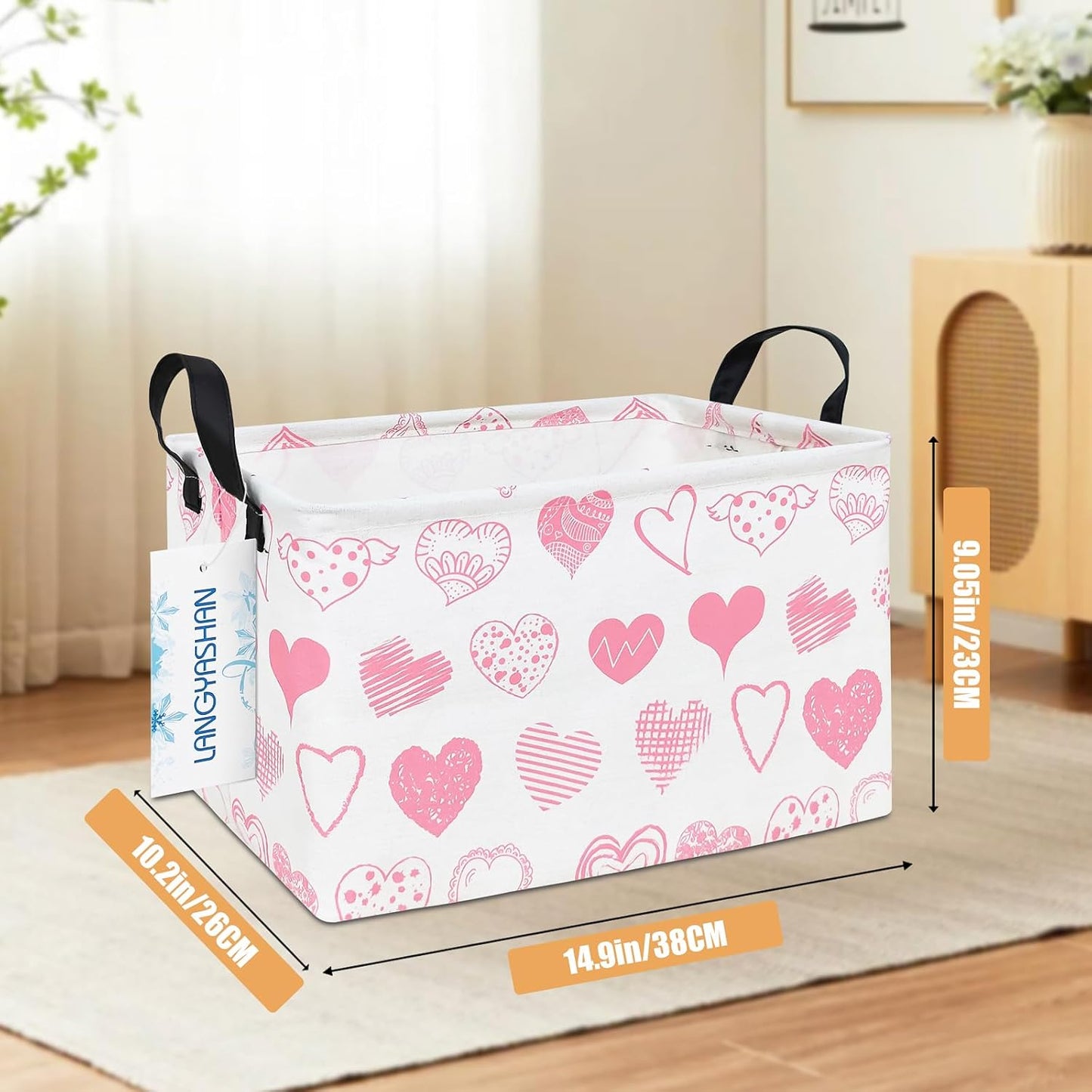LANGYASHAN Rectangular Storage Bin Collapse Canvas Fabric Cartoon Storage Basket with Handles for Organizing Home Kitchen Boys and Girls Toys Office Closet Shelf Baskets (Rec Angel Heart)