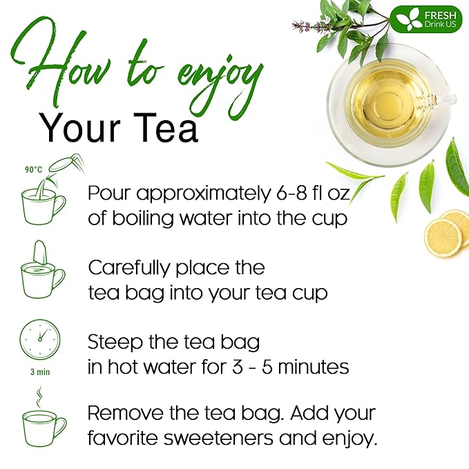 FreshDrinkUS, Premium 55 Tulsi Green Tea Bags, 100% Natural, Blend of Tulsi Holy Basil Leaves, and Green Tea Leaves. Made with Natural Material Tea Bags. No Sugar, Vegan.