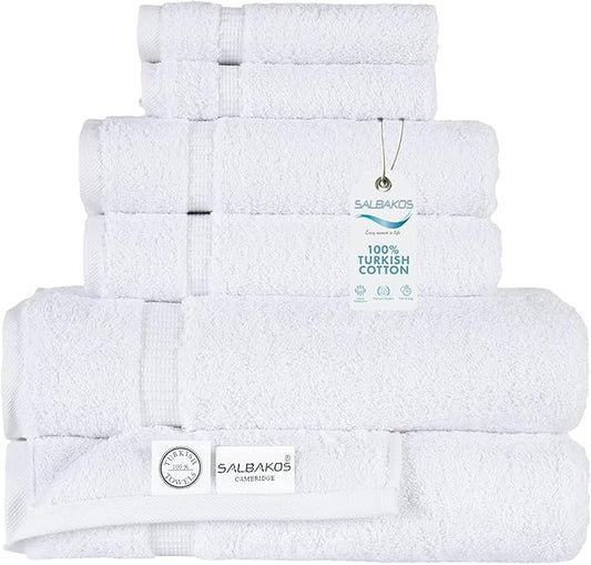 SALBAKOS 100% Turkish Cotton 6-Piece Towel Set | Heirloom Quality Hotel & Spa Collection | Soft, Super Absorbent 2 Washcloth, 2 Hand, 2 Bath Towel Sets | Made in Turkey (White, 6 Piece Towel Set)